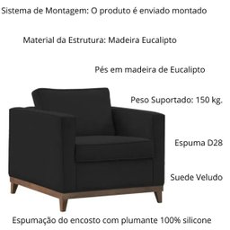 Poltrona Aspen Base Fixa Madeira Suede Preto Sala de Estar Recepção - 3
