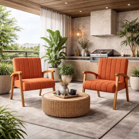 Kit 2 Poltronas Haley Decorativa Linho Sala Estar Área Gourmet Varanda Madeira Maciça:terracota