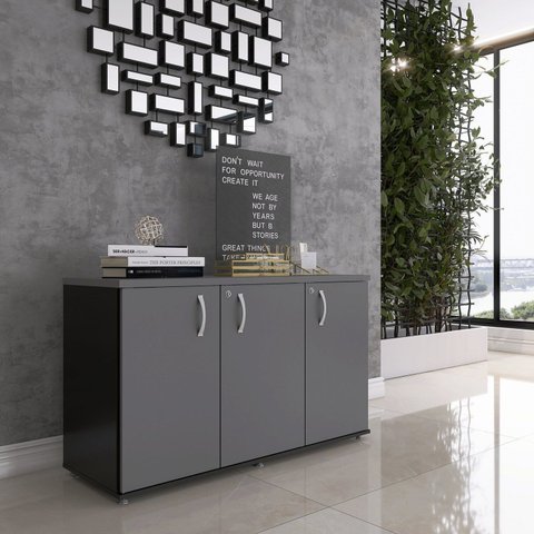 Armário para Escritório 3 Portas Pivotantes Credenza Cinza/Preto/Grafito