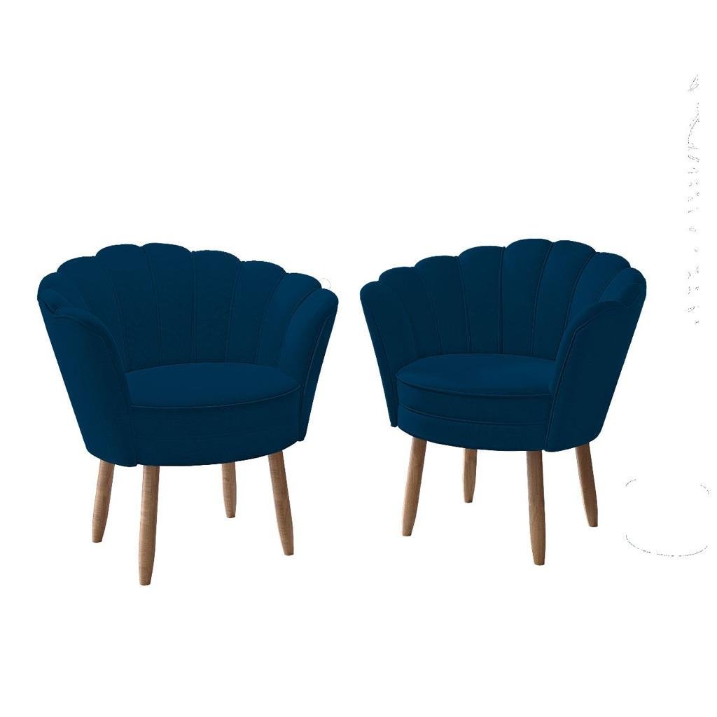 Kit 02 Poltronas Decorativas Pétala Luxo Veludo Azul Marinho Pés Palito - Visan Estofados - 3