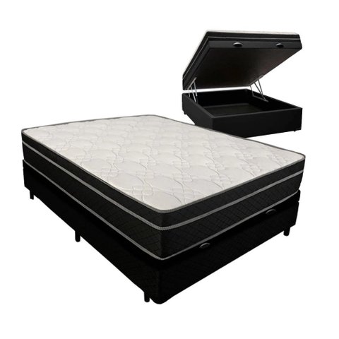 Cama Box Baú Casal 138 Tecido Sintético Preto com Colchão Paris de Molas Ensacadas Preto 26x138x188