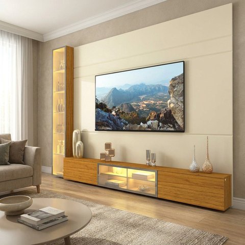 Estante para TV de até 90 Polegadas Vidro com LED, em MDF 217,6cm x 255,2cm Casuá Bege Off White