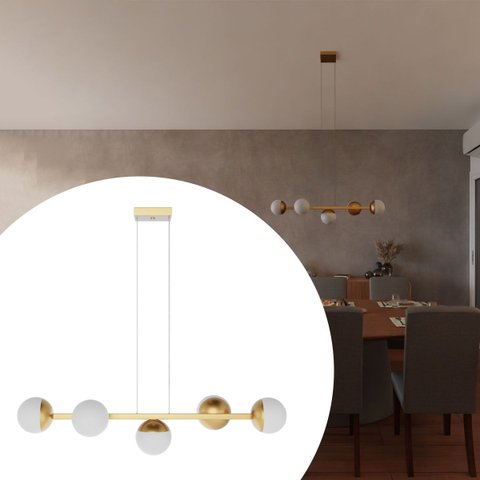 Pendente Lustre de Teto Jabuticaba Alumínio Dourado com 5 Globos Vidro Fosco Decoração Casa