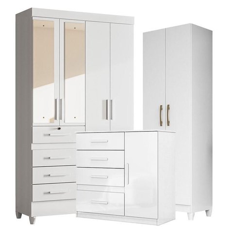 Guarda Roupa com Espelho Infantil Sobral com Cômoda Vênus e Armário Multiuso New Íris Branco Brilho 