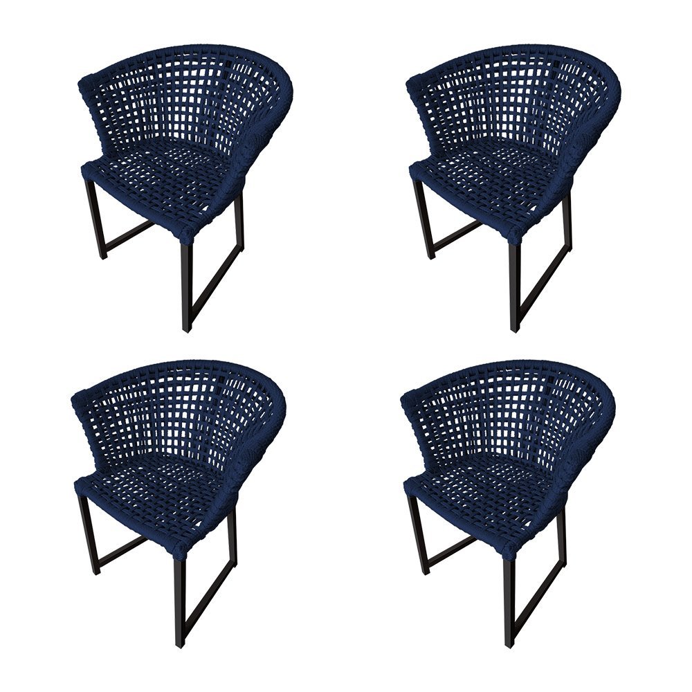 Kit 4 Cadeiras Salinas Corda Náutica Base em Alumínio Preto/azul Marinho