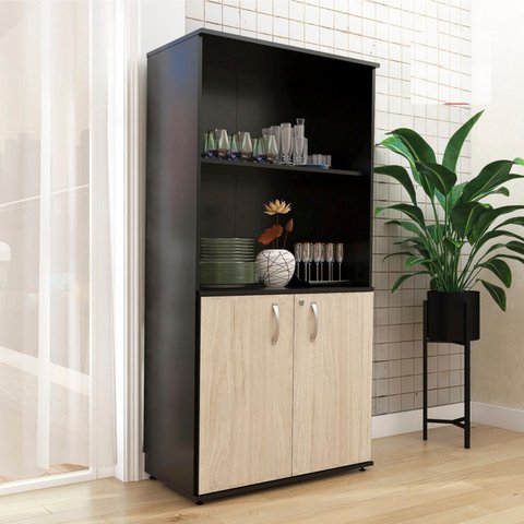 Armário Misto 02 Portas Pivotante AM1600MX-33 Preto/Nogueira Casablanca