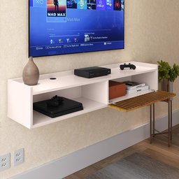 Rack Suspenso Home Classic Tv 32" 1 Porta Puxador Concha Quarto Sala Recepção Off White/ripado - 4