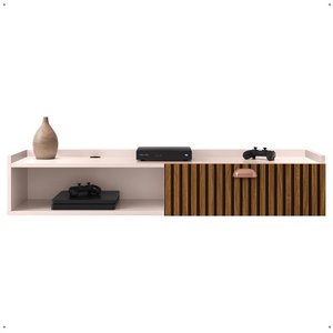Rack Suspenso Home Classic Tv 32" 1 Porta Puxador Concha Quarto Sala Recepção Off White/ripado