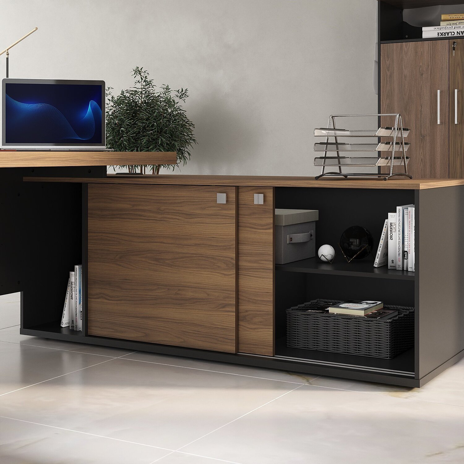 Mesa para Escritório Presidente Tamburato 2600cm com 4 Gavetas e 2 Portas e Design em U - 6