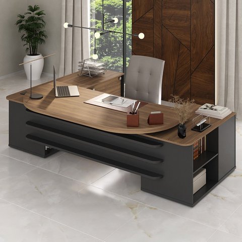 Escrivaninha Mesa Escritório Presidente Tamburato com e e Design em U 4 Gavetas 2 Portas 258,2cm Nogal E Preto