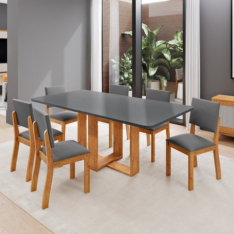 Conjunto Sala de Jantar 6 Lugares Jady Tampo MDF Mel e Cinza