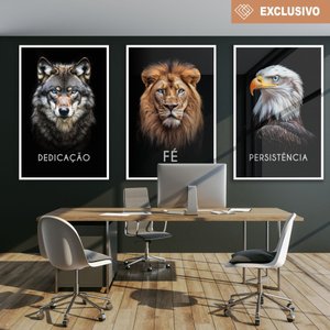 Kit 3 Quadros Decorativo Dedicação Fé Persistência em Cores Lobo Leão Águia Sala Quarto Casa Escritó
