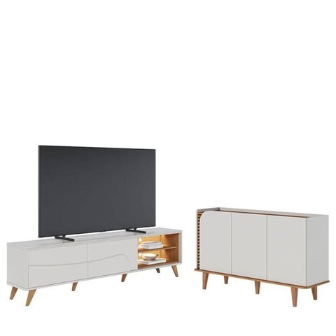 Rack Bancada Amalfi com Pés em Madeira e Aparador Buffet Jurerê Off White Matte Freijó - Colibri