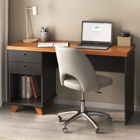 Escrivaninha Mesa Escritório Retrô com Sky para Home Office 2 Gavetas 135cm Freijó e Preto Artany