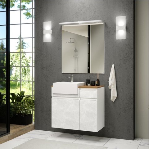 Gabinete para Banheiro com LED, Cuba e Espelheira 80cm Cora Branco/Cristal/Amêndoa