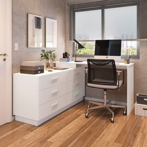 Escrivaninha Mesa Escritório em L com Cômoda Leonie 6 Gavetas 138cm Yescasa Branco