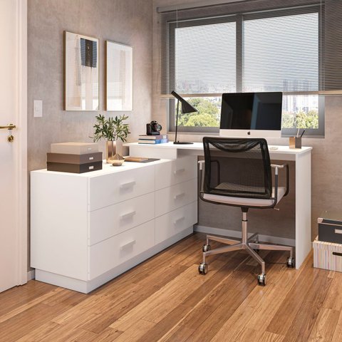Escrivaninha Mesa Escritório em L com Cômoda Leonie 6 Gavetas 138cm Yescasa Branco