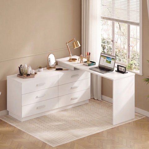 Escrivaninha Mesa Escritório em L com Cômoda Leonie 6 Gavetas 138cm Yescasa Branco