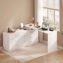 Ver imagem 1 de Escrivaninha Mesa Escritório em L com Cômoda Leonie 6 Gavetas 138 cm Yescasa Branco
