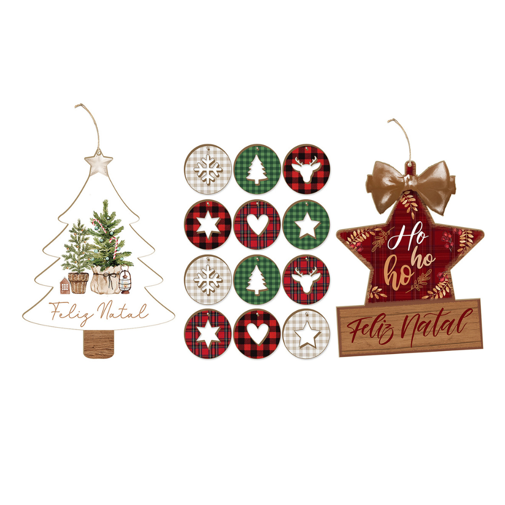 Kit de Natal Enfeites de Árvore e Frases para Porta