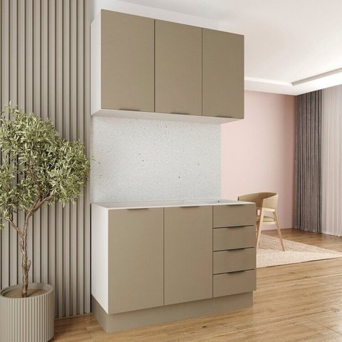 Cozinha Planejada 2 Peças sem Tampo com Rodapé 1 Aéreo e 1 Balcão Ipanema CabeCasa MadeiraOriginals Marrom/Fendi Trama