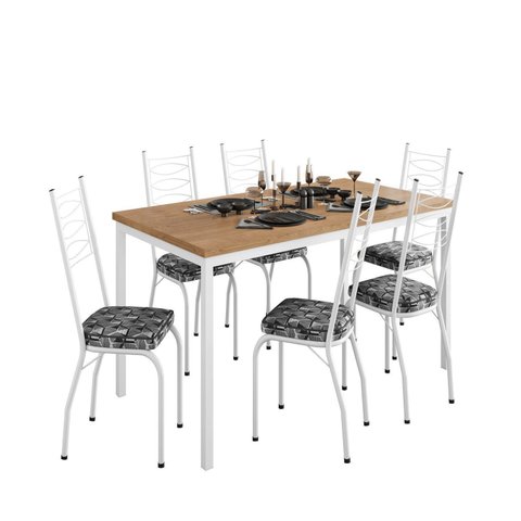 Conjunto Sala de Jantar Mesa Retangular Tampo BP com 6 Cadeiras Adriana Branco/Mosaico Silver