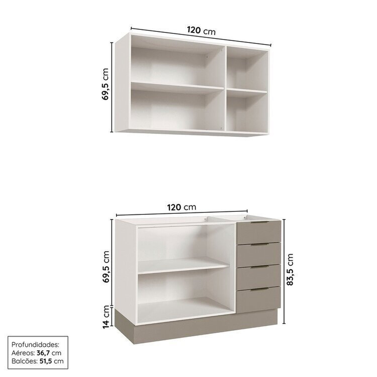 Cozinha Modulada 2 Peças sem Tampo com Rodapé 1 Aéreo e 1 Balcão Ipanema Cabecasa Madeiramadeira - 4