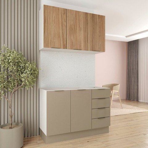 Cozinha Modulada 2 Peças sem Tampo com Rodapé 1 Aéreo e 1 Balcão Ipanema CabeCasa MadeiraOriginals Marrom/Fendi Trama/Acácia