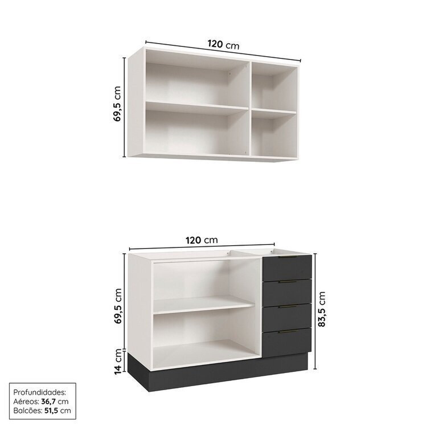 Cozinha Modulada 2 Peças sem Tampo com Rodapé 1 Aéreo e 1 Balcão Ipanema Cabecasa Madeiramadeira - 4