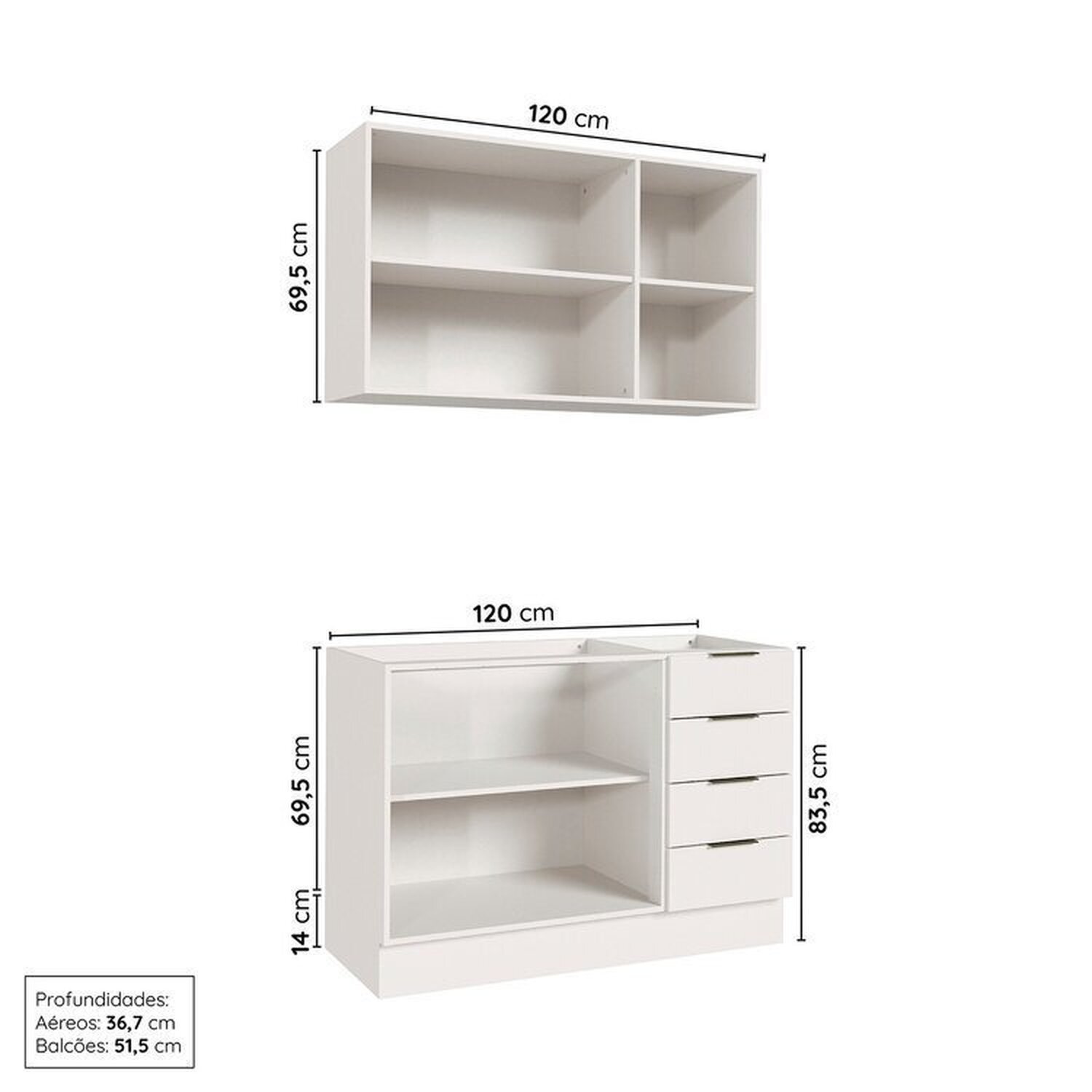 Cozinha Modulada 2 Peças sem Tampo com Rodapé 1 Aéreo e 1 Balcão Ipanema Cabecasa Madeiramadeira - 4