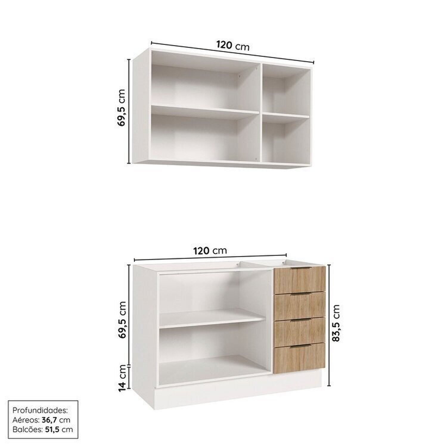 Cozinha Modulada 2 Peças sem Tampo com Rodapé 1 Aéreo e 1 Balcão Ipanema Cabecasa Madeiramadeira - 4