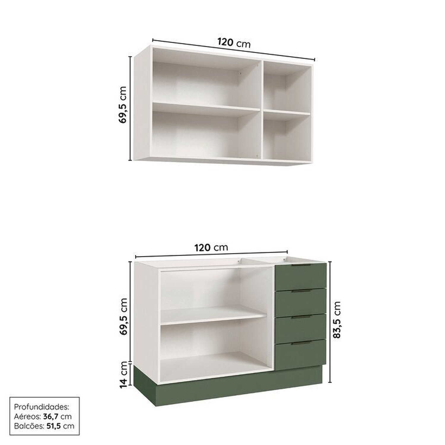 Cozinha Modulada 2 Peças sem Tampo com Rodapé 1 Aéreo e 1 Balcão Ipanema Cabecasa Madeiramadeira - 4