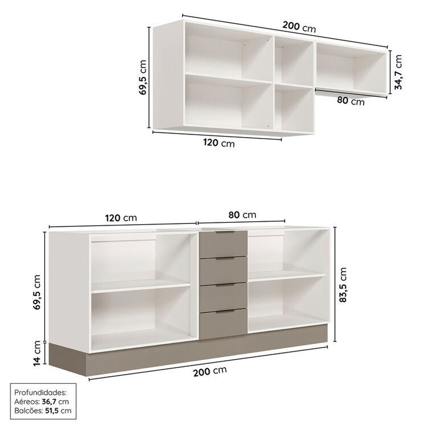 Cozinha Modulada 4 Peças sem Tampo com Rodapé 2 Aéreos e 2 Balcões Ipanema Cabecasa Madeiramadeira - 4