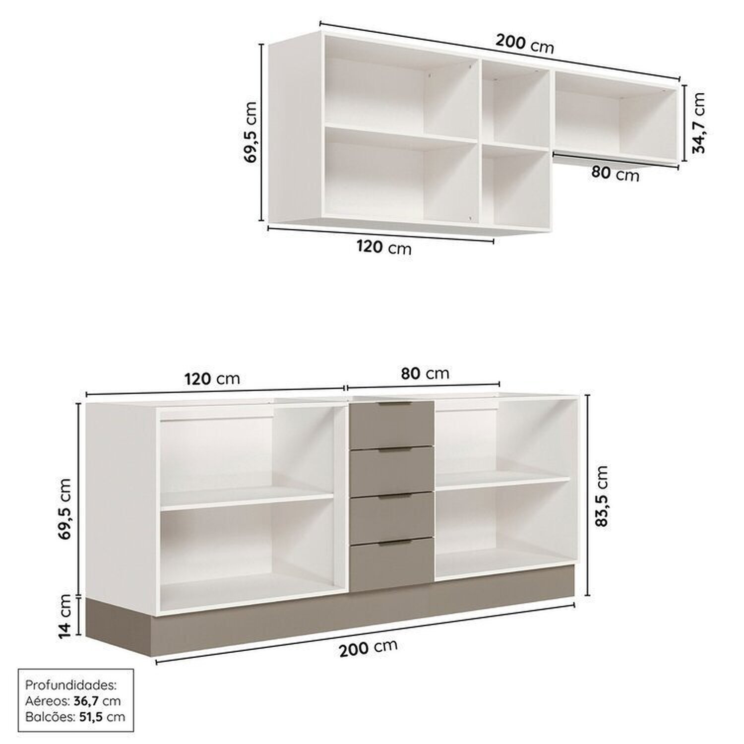 Cozinha Modulada 4 Peças sem Tampo com Rodapé 2 Aéreos e 2 Balcões Ipanema Cabecasa Madeiramadeira - 4