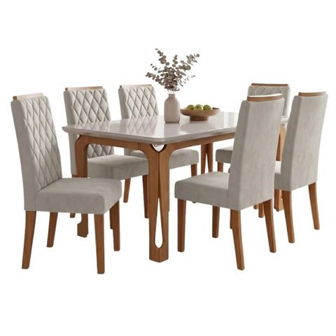 Conjunto Sala de Jantar Mesa 1,60m com Vidro Nadine 6 Cadeiras Bele
