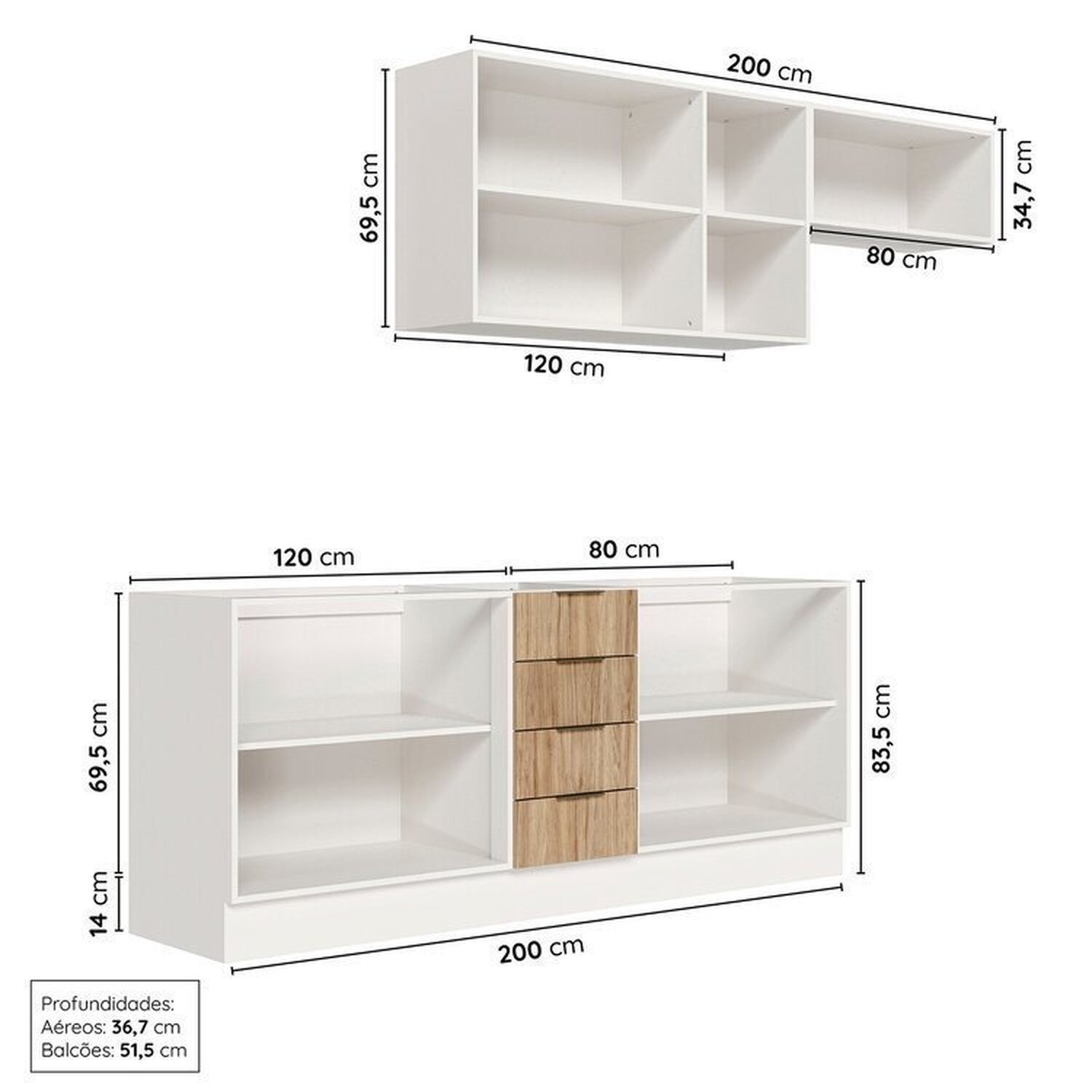 Cozinha Modulada 4 Peças sem Tampo com Rodapé 2 Aéreos e 2 Balcões Ipanema Cabecasa Madeiramadeira - 4