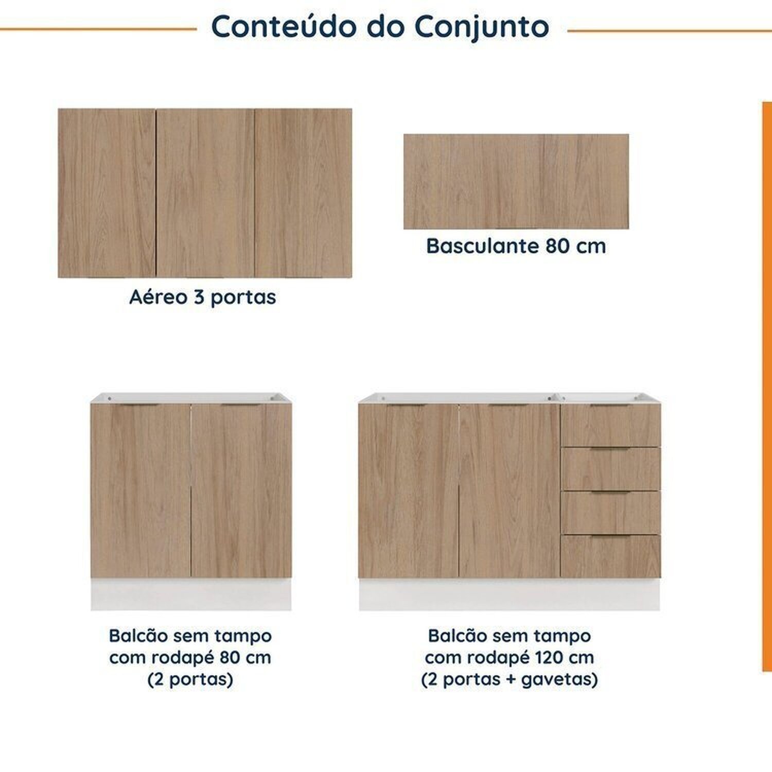 Cozinha Modulada 4 Peças sem Tampo com Rodapé 2 Aéreos e 2 Balcões Ipanema Cabecasa Madeiramadeira - 3