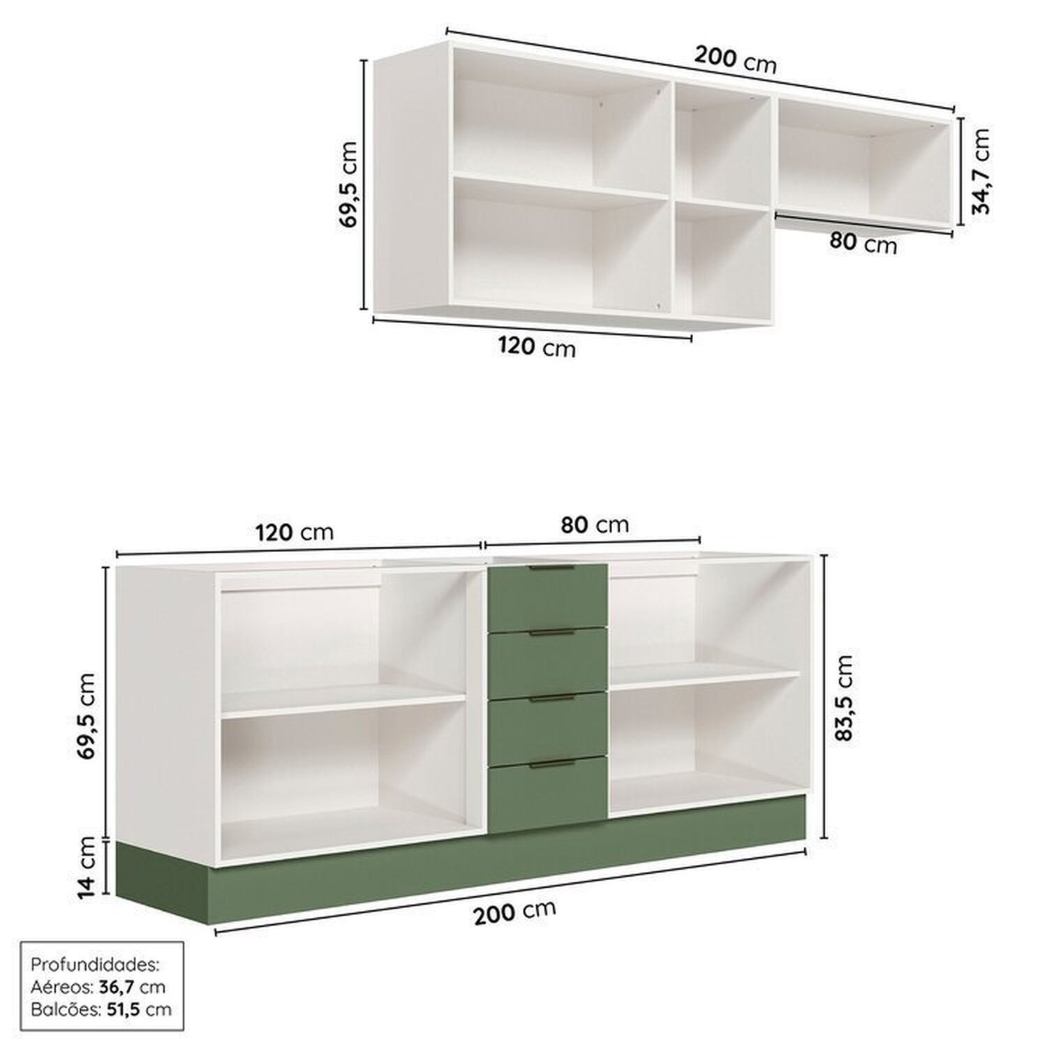 Cozinha Modulada 4 Peças sem Tampo com Rodapé 2 Aéreos e 2 Balcões Ipanema Cabecasa Madeiramadeira - 4