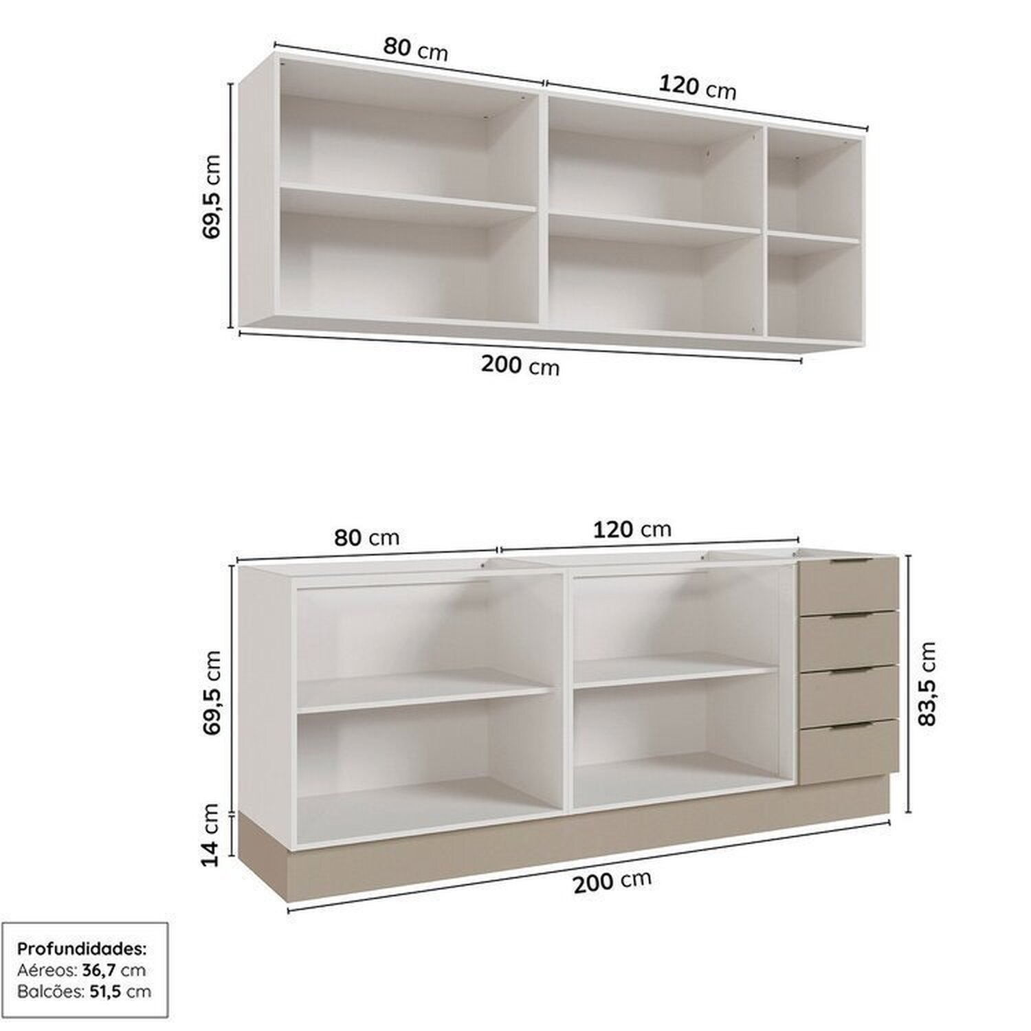 Cozinha Modulada 4 Peças sem Tampo com Rodapé 2 Aéreos e 2 Balcões Ipanema Cabecasa Madeiramadeira - 6