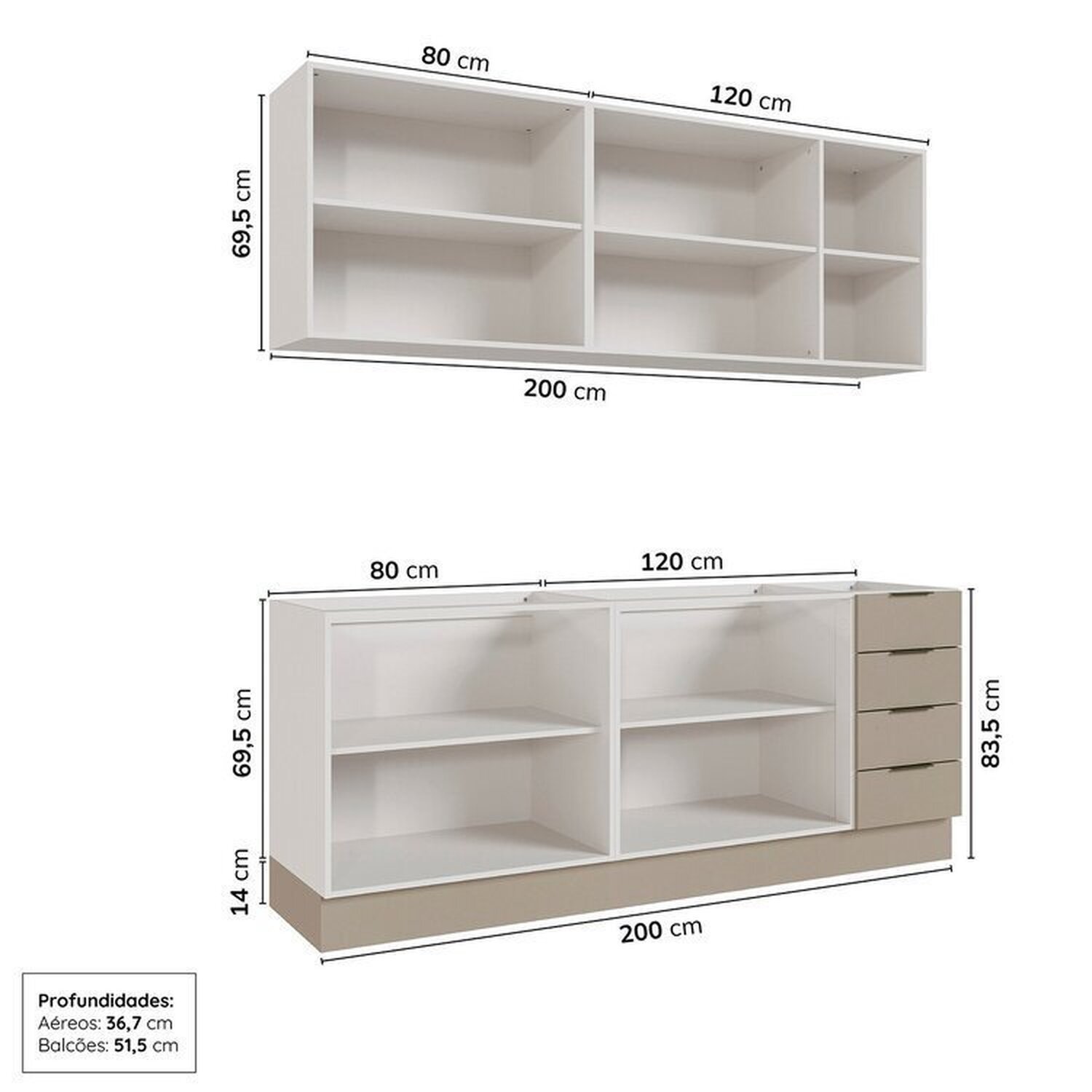 Cozinha Modulada 4 Peças sem Tampo com Rodapé 2 Aéreos e 2 Balcões Ipanema Cabecasa Madeiramadeira - 6