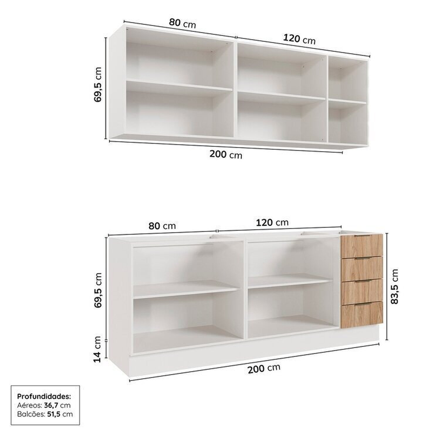 Cozinha Modulada 4 Peças sem Tampo com Rodapé 2 Aéreos e 2 Balcões Ipanema Cabecasa Madeiramadeira - 6