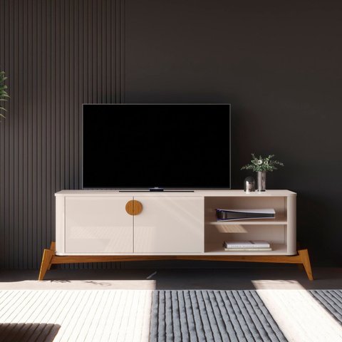 Rack para TV até 60 Polegadas Retrô Pés em Madeira Maciça 100% MDF 154cm Buriti Bege