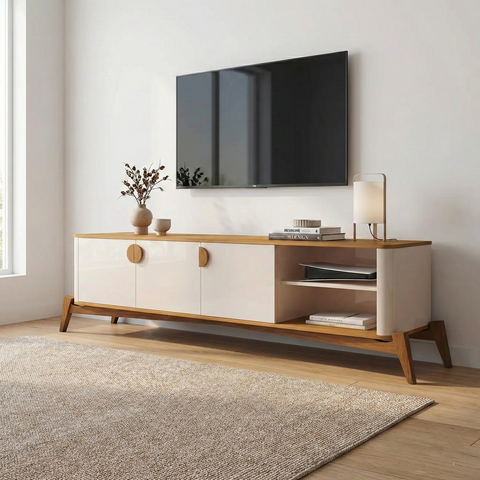 Rack para TV até 75 Polegadas Retrô com Pés em Madeira Maciça 100% MDF 195cm Buriti Bege