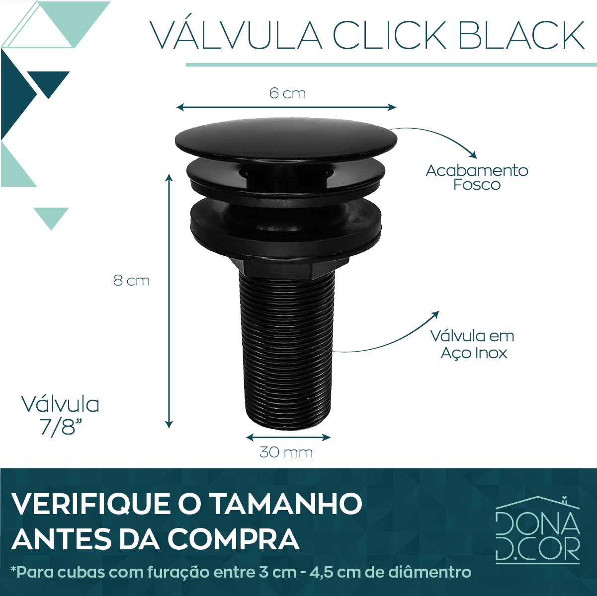 Valvula Click 7/8 Inox Ralo Pia Banheiro Cuba Lavabo Lavatorio Escoamento - 2