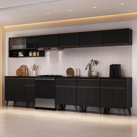 Armário de Cozinha Completa Atlanta Neo com Vidro Carraro Preto Touch