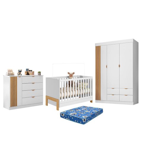 Dormitório Infantil Ayla Guarda Roupa, Cômoda e Berço Branco Acetinado com Colchão Physical -