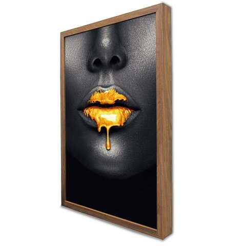 Quadro Decorativo Mulher Lábios Dourado em Moldura Caixa Tacolado Moldura Caixa Alta 4,5cm Madeira C