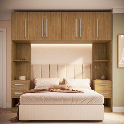 Guarda Roupa Modulado 100% MDF 3 Peças com Mesa de Cabeceiras Direita e Esquerda Aéreo 6 Portas e 4 