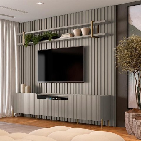 Rack com Painel Ripado e Prateleira Brise para TV 280cm MDF Grigio com Dourado Casa Lar Shop