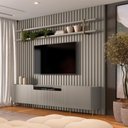 Ver imagem 1 de Rack com Painel Ripado e Prateleira Brise para TV 280cm MDF Grigio com Dourado Casa Lar Shop